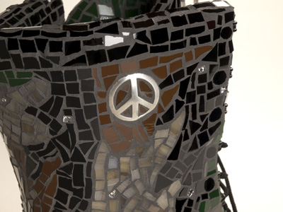 Brave Sole sculpture, close view of top of boot